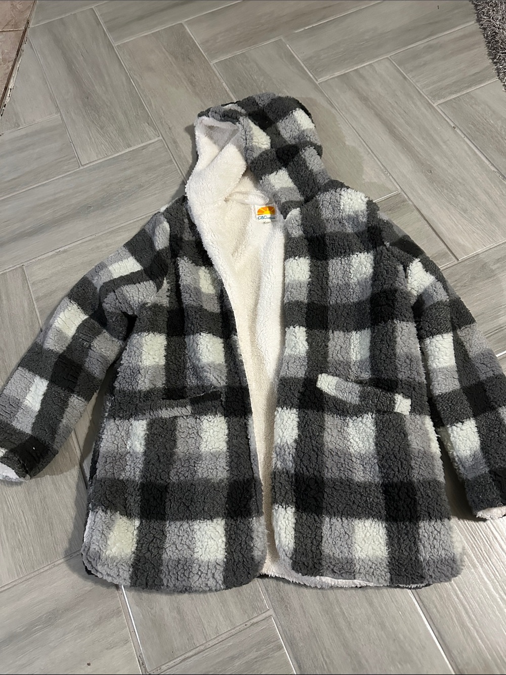 C&C California Black & Gray Plaid Hooded Sherpa Jacket